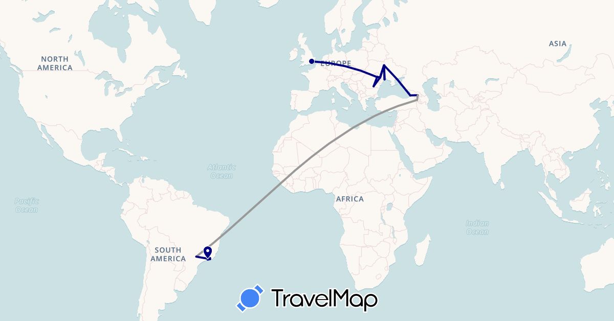 TravelMap itinerary: driving, plane in Armenia, Brazil, United Kingdom, Georgia, Moldova, Romania, Ukraine (Asia, Europe, South America)